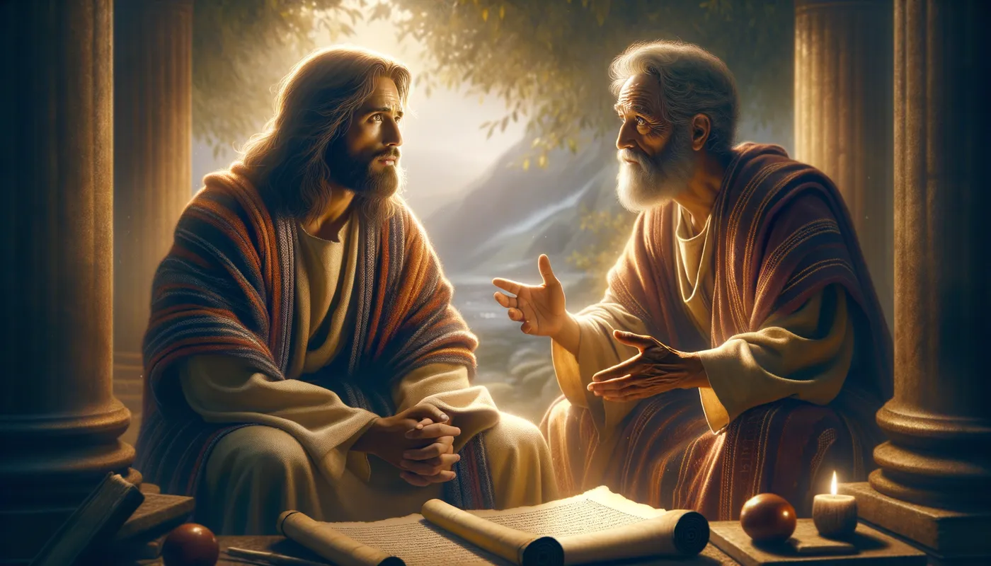 Jesus and Nicodemus - jesus sitting and teaching Nicodemus about the kingdom of heaven 
 - AI image generated with Art