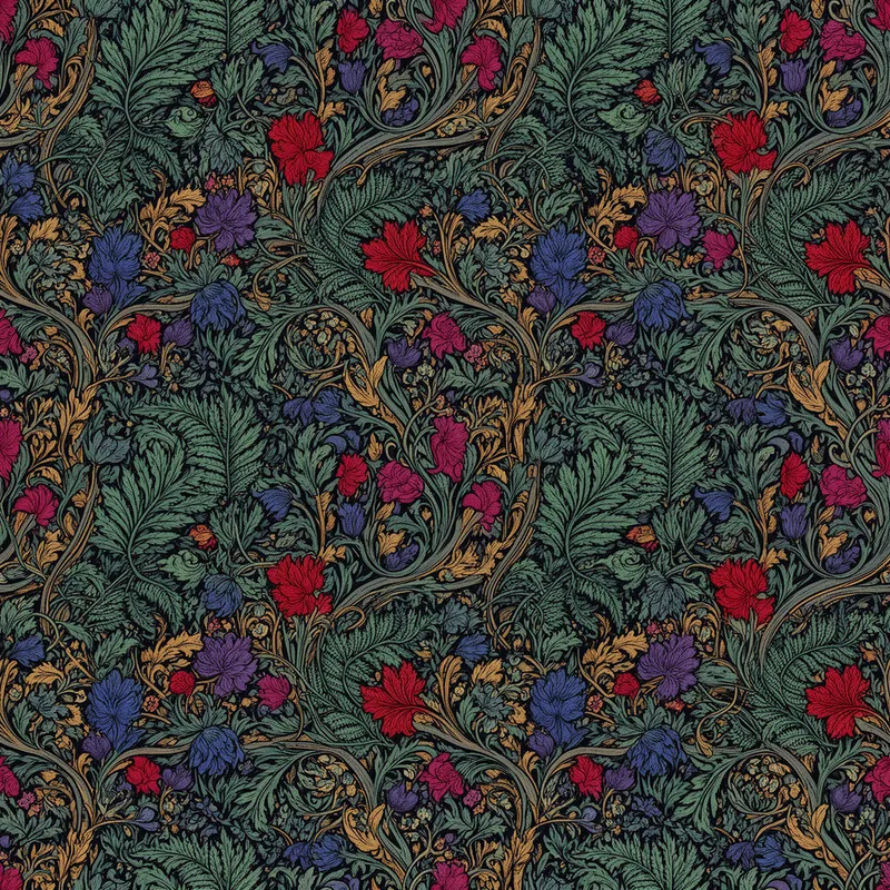 Jewel-Toned Botanical Tapestry - Create a seamless repeating tile featuring a dense botanical folk art pattern packed with overlapping ferns, curling vines, and wild blossoms. Apply a rich palette of emerald green, sapphire blue, ruby red, and amethyst purple, enhanced by burnished gold highlights and bold inked contours. Keep the composition flat, decorative, and fully filled edge-to-edge with no negative space. Ensure the pattern is perfectly balanced and repeat-ready for wallpaper and textile use. Ultra-detailed, 6500x6500 pixels at 300 DPI, inspired by the ornate linework of William Morris and the elegant stylization of Alphonse Mucha. - AI image generated with Flux 2