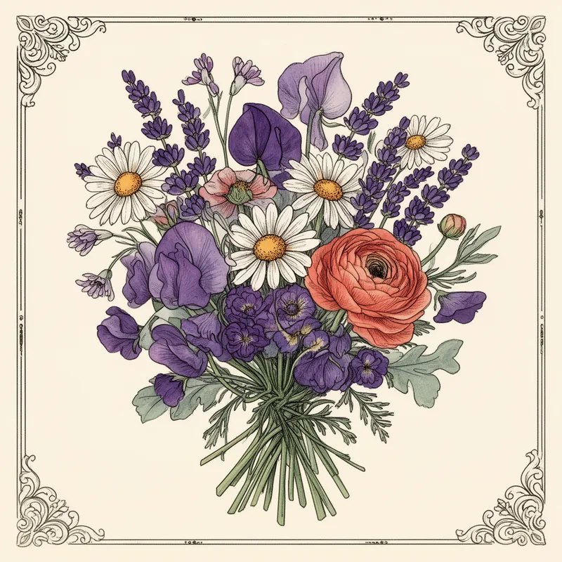 Jewel-Toned Folk Art Wildflower Bouquet - *Folk art style bouquet of wildflowers — daisies, sweet peas, lavender, and ranunculus — in rich jewel tones of violet, coral, and sage green, ink linework with flat watercolor fills, ornate decorative border, vintage illustration feel, isolated on soft ivory background, highly detailed*
- AI image generated with Flux 2