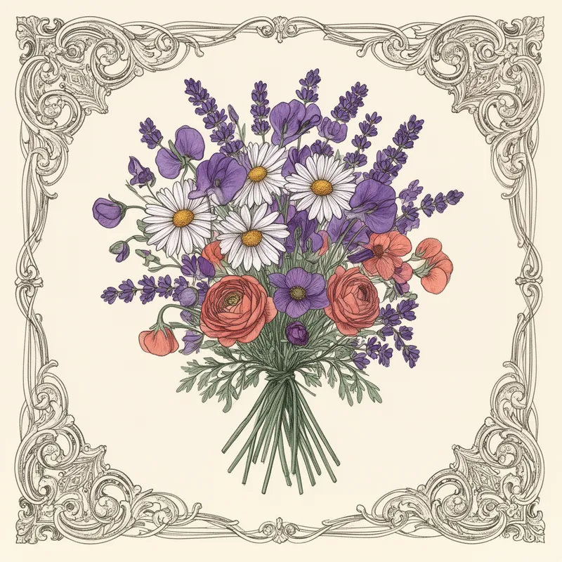Jewel-Toned Folk Art Wildflower Bouquet - *Folk art style bouquet of wildflowers — daisies, sweet peas, lavender, and ranunculus — in rich jewel tones of violet, coral, and sage green, ink linework with flat watercolor fills, ornate decorative border, vintage illustration feel, isolated on soft ivory background, highly detailed*
- AI image generated with Flux 2