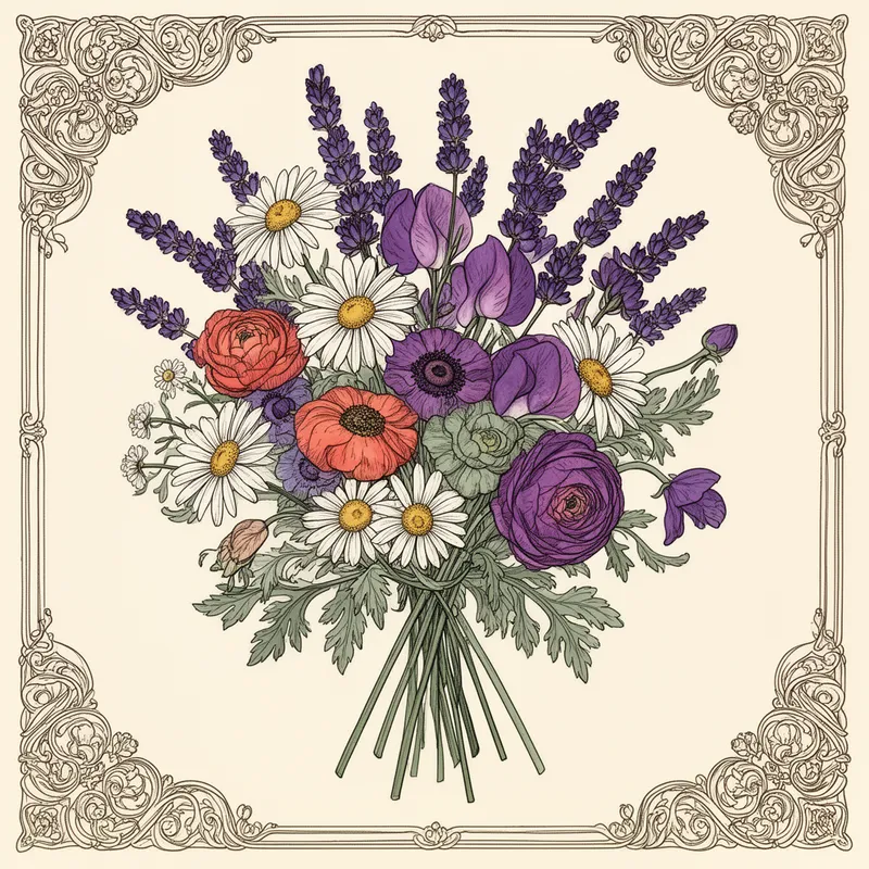 Jewel-Toned Folk Art Wildflower Bouquet - *Folk art style bouquet of wildflowers — daisies, sweet peas, lavender, and ranunculus — in rich jewel tones of violet, coral, and sage green, ink linework with flat watercolor fills, ornate decorative border, vintage illustration feel, isolated on soft ivory background, highly detailed*
- AI image generated with Flux 2
