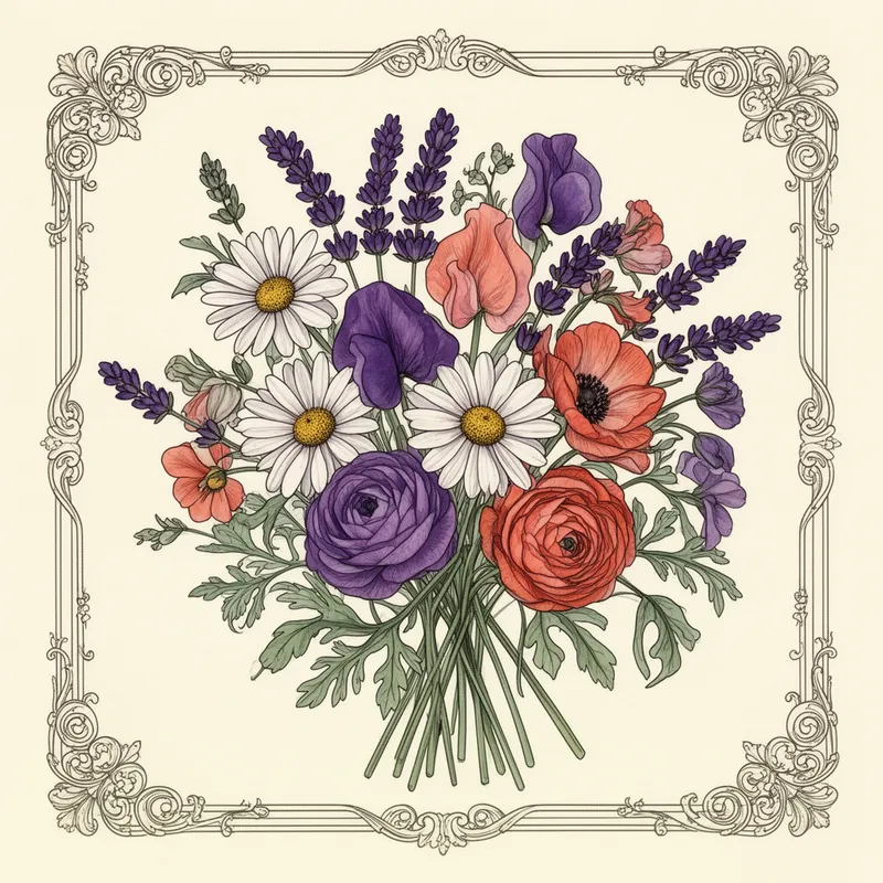 Jewel-Toned Folk Art Wildflower Bouquet - *Folk art style bouquet of wildflowers — daisies, sweet peas, lavender, and ranunculus — in rich jewel tones of violet, coral, and sage green, ink linework with flat watercolor fills, ornate decorative border, vintage illustration feel, isolated on soft ivory background, highly detailed*
- AI image generated with Flux 2