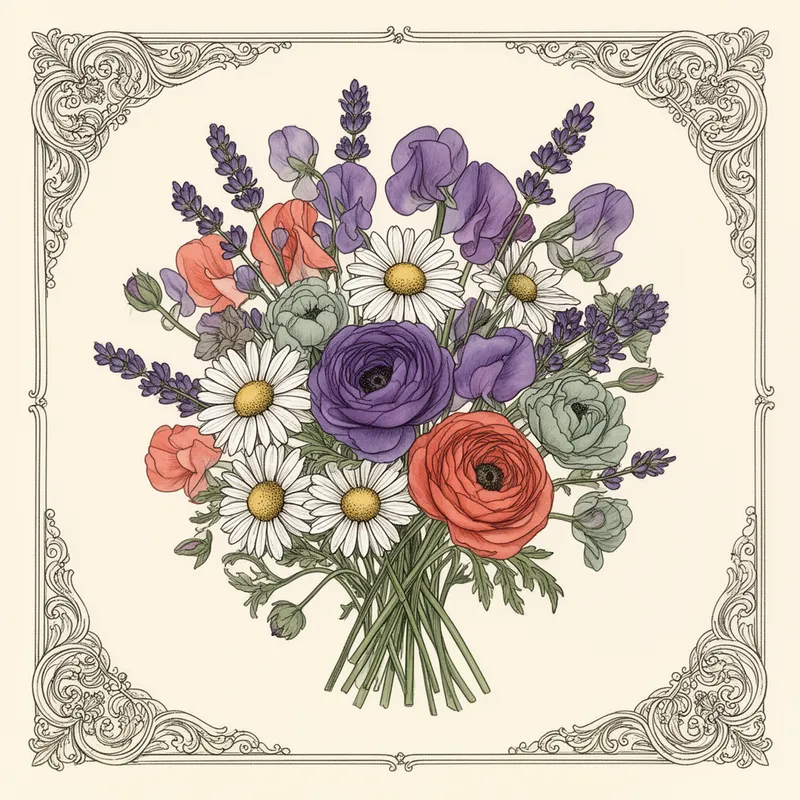 Jewel-Toned Folk Bouquet - *Folk art style bouquet of wildflowers — daisies, sweet peas, lavender, and ranunculus — in rich jewel tones of violet, coral, and sage green, ink linework with flat watercolor fills, ornate decorative border, vintage illustration feel, isolated on soft ivory background, highly detailed*
 - AI image generated with Flux 2