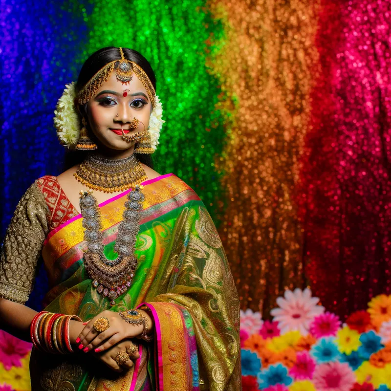Jewelled Grace - An Indian girl in a stunning saree, adorned with intricate and numerous jewels, standing amidst a vibrant, color-saturated background that highlights her elegance and cultural heritage. - AI image generated with Art