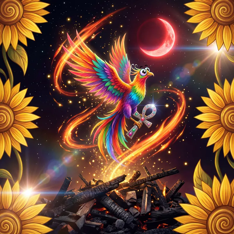 Jewelled Rebirth Under Red Moon - A colorful phoenix with rainbow-feathered wings ascends from burnt remains and rubble, holding a metallic ankh embedded with sparkling gems. Its body radiates fiery sparks and long, energetic streaks. The phoenix has confident, bubbly eyes, and it's surrounded by a magical starlit sky and a glowing red moon. Beautiful sunflowers grow along the left and right borders, making the scene both powerful and otherworldly. - AI image generated with 4K Pro - vivid colors, highlights: Nikon D700, Nikkor 50mm 1.8, surrealismus