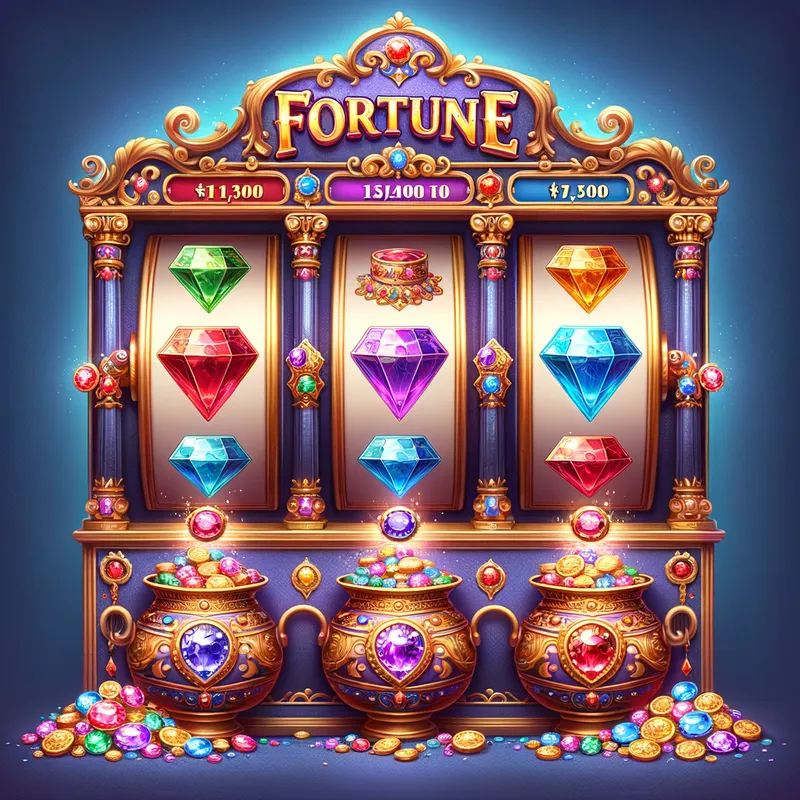 Jewels of Fortune - A fortune-themed slot machine game where the reels are filled with radiant gems in an array of colors. At the bottom of the screen, three ornate collection pots stand, each one encrusted with jewels and exuding wealth and opulence. - AI image generated with Art