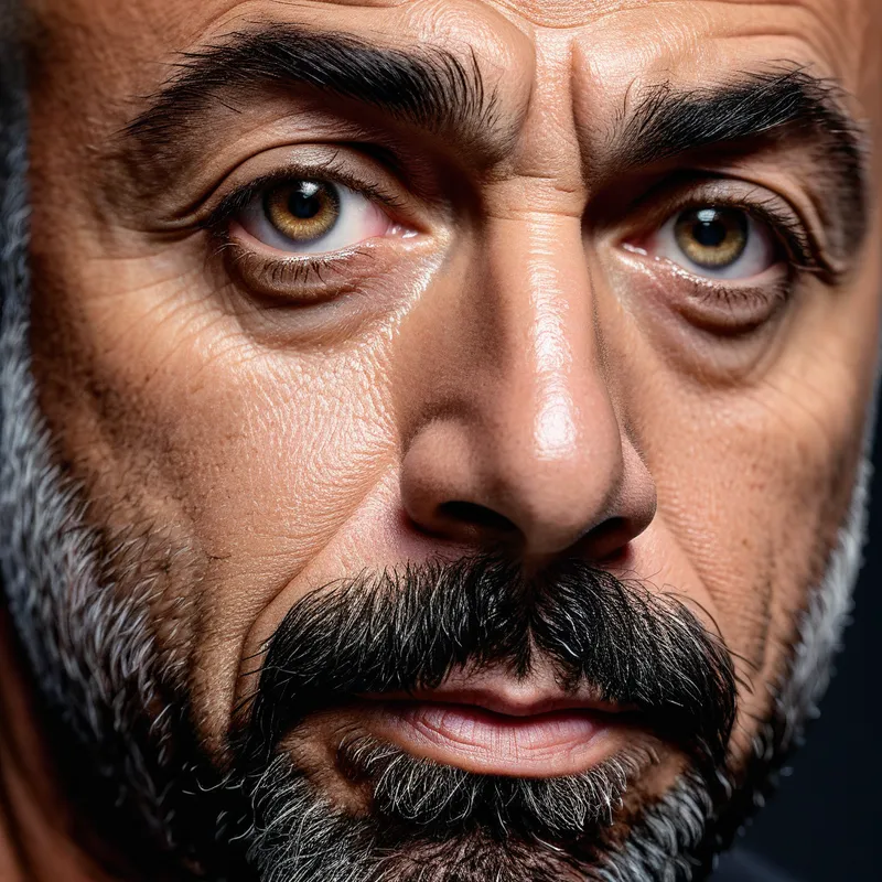 Joe Rogan Close-Up - An ultra-detailed 4K close-up of Joe Rogan's face, focusing on intricate details like his eyes and facial hair, with a soft, blurred background. - AI image generated with Fictional