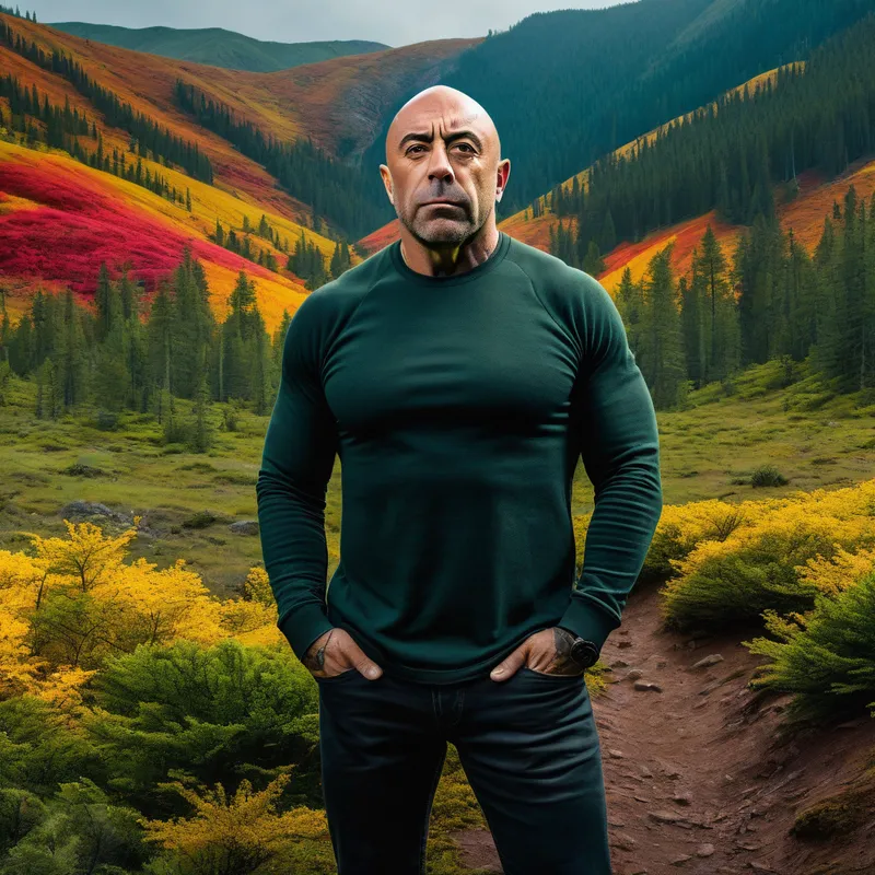 Joe Rogan Nature Scene - A 4K image of Joe Rogan standing in an immersive natural landscape, such as a forest or mountain range, with detailed textures and bright, vivid colors. - AI image generated with Fictional