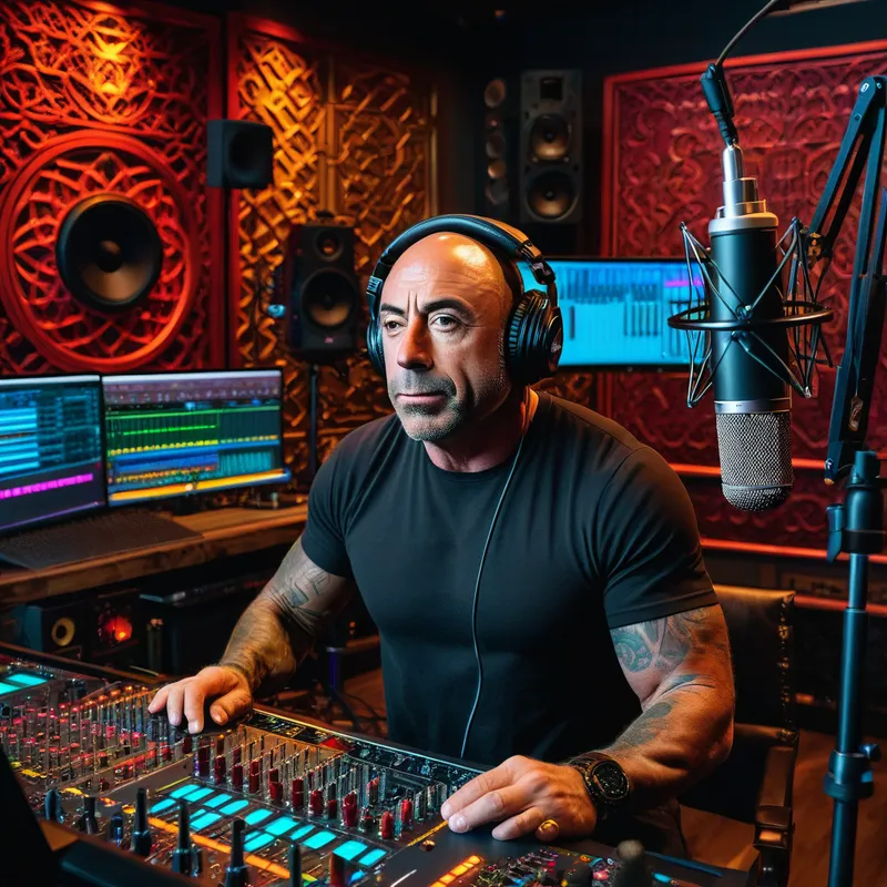 Joe Rogan in Podcast Studio - A 4K image of Joe Rogan in his podcast studio, surrounded by high-end recording equipment and a microphone, with vibrant colors and intricate details. - AI image generated with Photorealistic