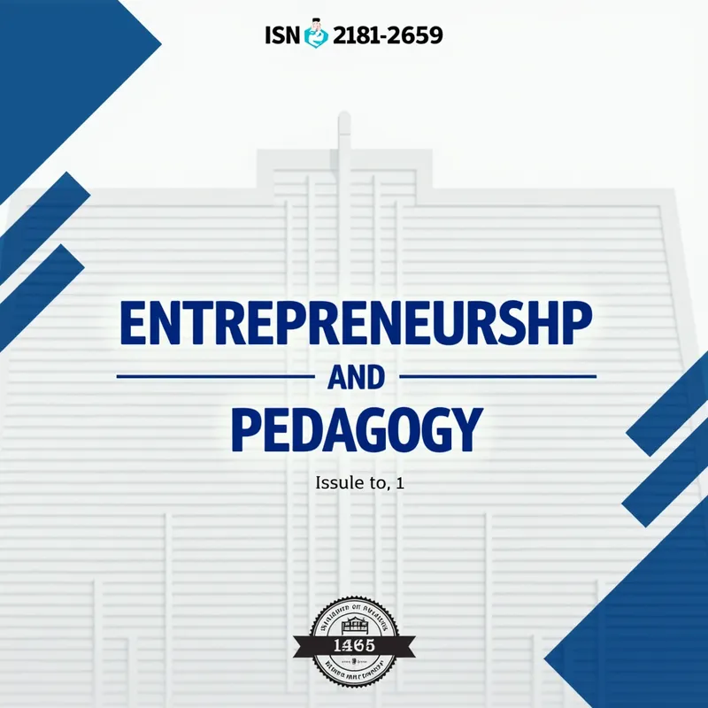 Journal Cover Design 4 - A modern design with ISSN 2181-2659 at the very top center, utilizing Roboto font and separated by a light line. The central title 'ENTREPRENEURSHIP AND PEDAGOGY' stands out in a bold blue gradient, framed beneath by a graphic divider. Below it is the centralized subheading of the institution's full name. The background boasts a modern vector graphic of the institute's building with a transparent gradient overlay. '2025 / No. 1' issue information is placed at the bottom right in a distinct badge style. Decorative diagonal blue shapes rise from the corners, enhancing the design's flow. - AI image generated with Text