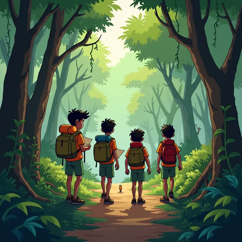 Journey Through the Dense Jungle - Picture Rahul with his four friends navigating the dense forest paths, backpacks and maps in hand. Their expressions mix enthusiasm and a hint of nervousness. The forest is dense with large trees and vines, creating a mysterious atmosphere. A parrot's chirping can be heard in the distance, and a deer can be seen hiding behind the bushes. - AI image generated with Photorealistic 2