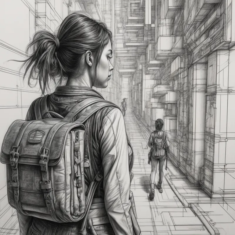 Journey Upward: Woman's Cyberpunk Path - black and white picture of a woman going up an academic and professional journey path pencil drawing - AI image generated with Photorealistic - over-the-shoulder, cyberpunk