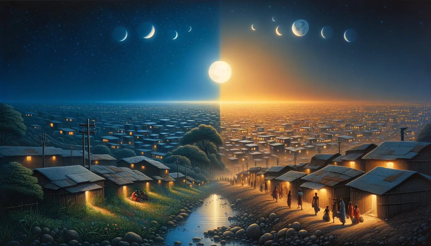 Journey from Serenity to Struggle - This slide image tells a visual story titled 'Good Life to Ghetto Life'. The scene evolves from an idyllic African village under a full moon, showing a harmonious and simple lifestyle, towards a crowded city ghetto marked by poverty and challenges, illuminated by a dim moon. - AI image generated with Art - Claude Monet, highlights: Nikon D700, Nikkor 50mm 1.8