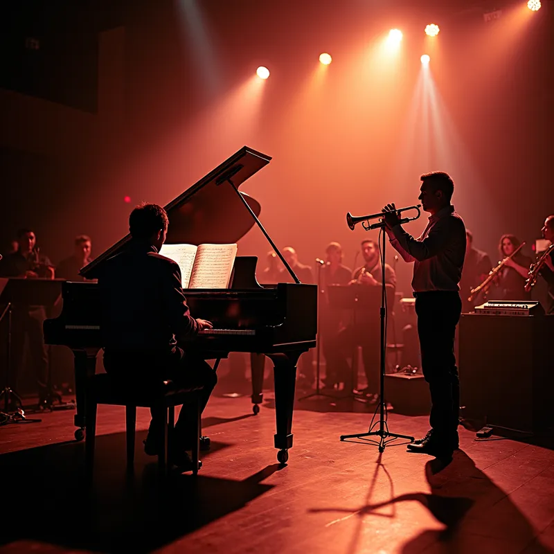 Journey of Champions - An exhilarating musical theater composition characterized by adventurous tones, featuring piano, drums, orchestral accompaniments, clear male and female vocals, and a powerful trumpet. - piano, drums, adventurous