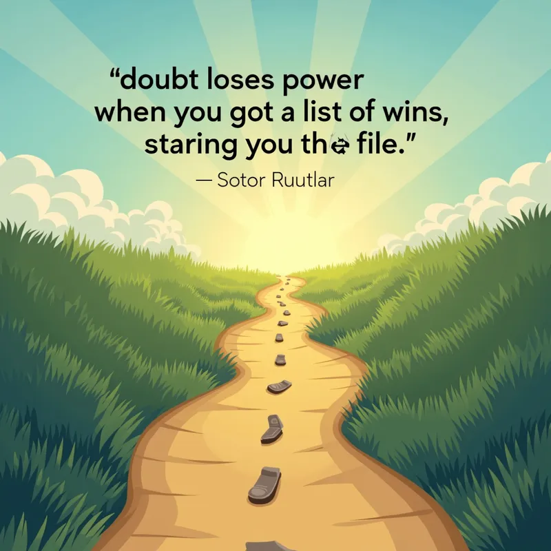 Journey of Success - An illustrated pathway that leads to a bright horizon, with milestones along the way representing different achievements. The quote 'doubt loses power when you got a list of wins staring you in the face' is displayed in the sky, illuminating the journey. - AI image generated with Photorealistic 2
