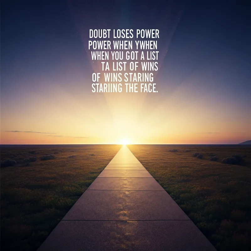 Journey of Success - An illustrated pathway that leads to a bright horizon, with milestones along the way representing different achievements. The quote 'doubt loses power when you got a list of wins staring you in the face' is displayed in the sky, illuminating the journey. - AI image generated with Imagen 3