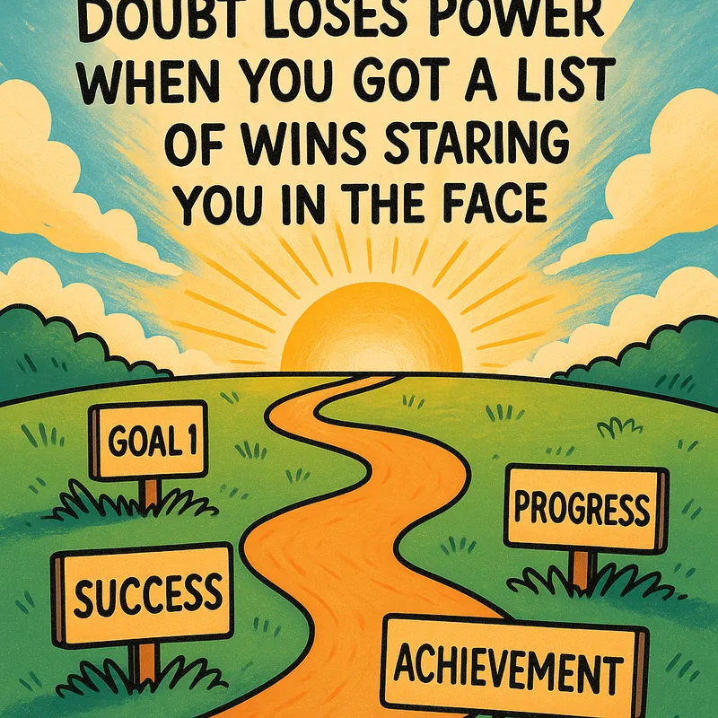 Journey of Success - An illustrated pathway that leads to a bright horizon, with milestones along the way representing different achievements. The quote 'doubt loses power when you got a list of wins staring you in the face' is displayed in the sky, illuminating the journey. - AI image generated with GPT Image