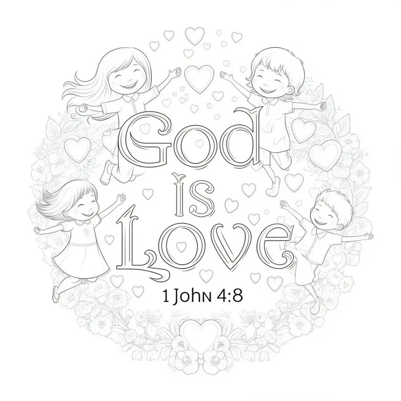 Joyful Children with Hearts Coloring Page - A clean line art coloring page centered on 'God is love' from 1 John 4:8, written in ornate, bold letters. Around the verse, smiling children are holding hands and dancing amidst floating hearts and delicate flowers, creating a peaceful and happy scene for kids to color. - AI image generated with Imagen 3