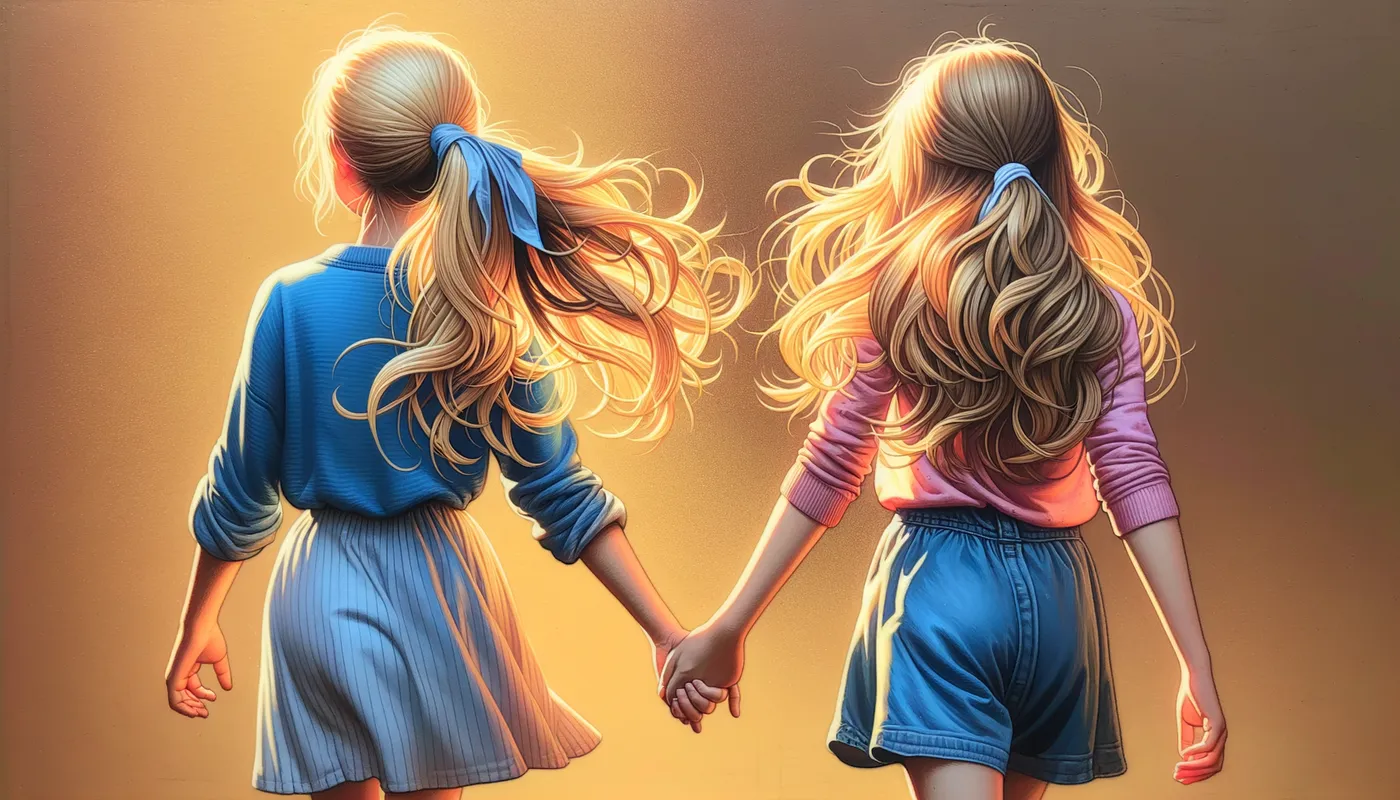 Joyful Companions - A captivating scene of two girls, blonde and brunette, walking hand in hand in casual blue and pink clothing. Their ponytails swing lightly in the golden sun, beautifully highlighting their figures and the intricate details of their well-drawn hands. - AI image generated with Art