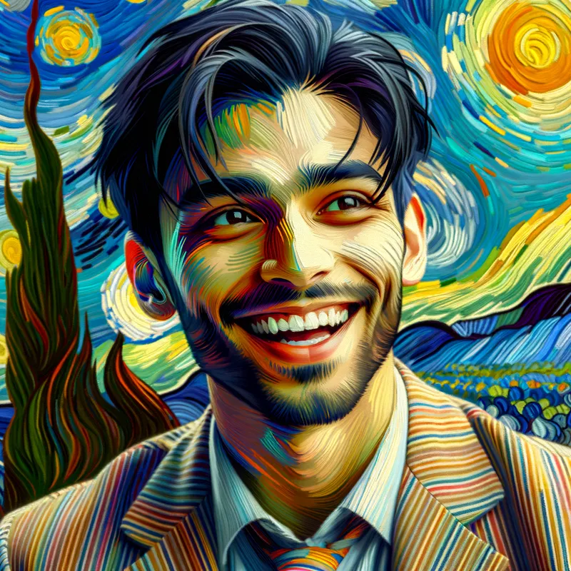 Joyful Embrace - A smiling man with a warm expression, surrounded by vibrant colors and a sense of positivity - AI image generated with Art - Van Gogh