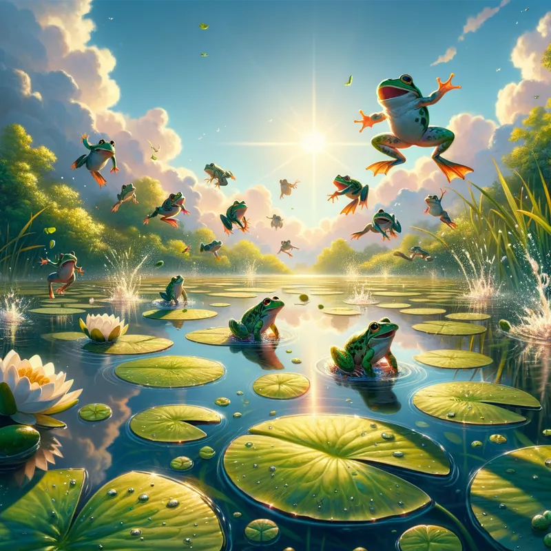 Joyful Frogs in a Pond - A scenic pond filled with lily pads and joyfully happy frogs leaping from pad to pad under a sunny sky. - AI image generated with Art