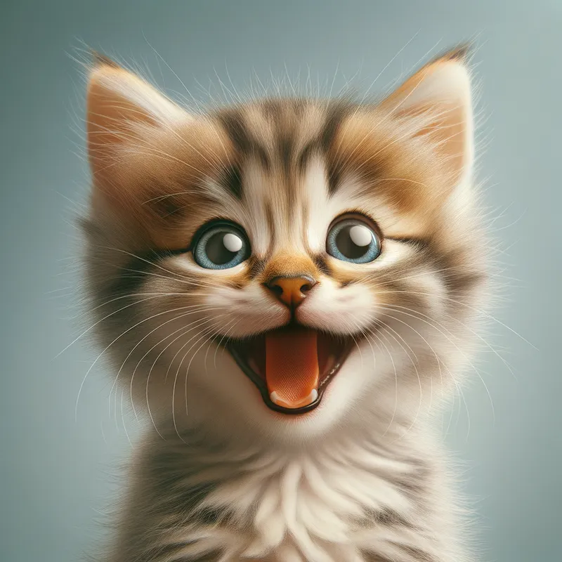 Joyful Kitten Expression - A lively kitten with a happy, playful expression, distinguished by its big, expressive eyes and a wide open mouth showing a joyful smile. - AI image generated with Art