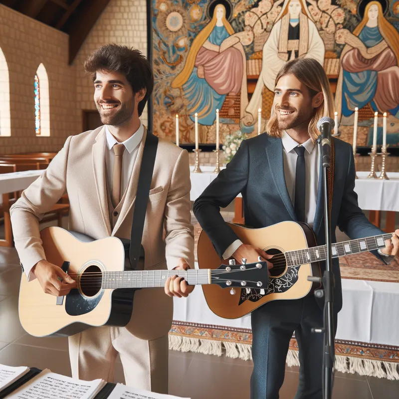 Joyful Leaders in Song - Within the welcoming space of a modern synagogue, two charming dads in their 30s lead the congregation in an uplifting song from the bimah. The dark-haired dad, wearing a light beige suit and a tallit, plays a Martin D-10E guitar, while his blond-haired partner, dressed in a dark suit and tallit, strums a Gibson Hummingbird guitar. Their smiles radiate warmth, complementing the colorful tapestries and natural light enhancing the scene. - AI image generated with Art