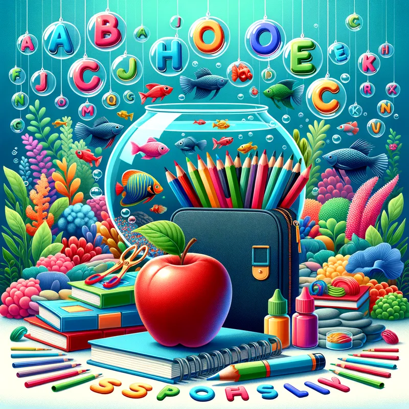 Joyful Learning Jubilee - A cheerful composition with school supplies, an apple, alphabet accents, and a lively fish tank surrounded by playful bubble typography, all in a lively, cheerful palette. - AI image generated with Art