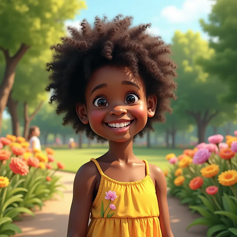 Joyful Moment - A happy black girl with a big smile, standing in a sunny park with colorful flowers around her. She is wearing a bright summer dress and her hair is styled in beautiful, natural curls. - AI image generated with Photorealistic 2