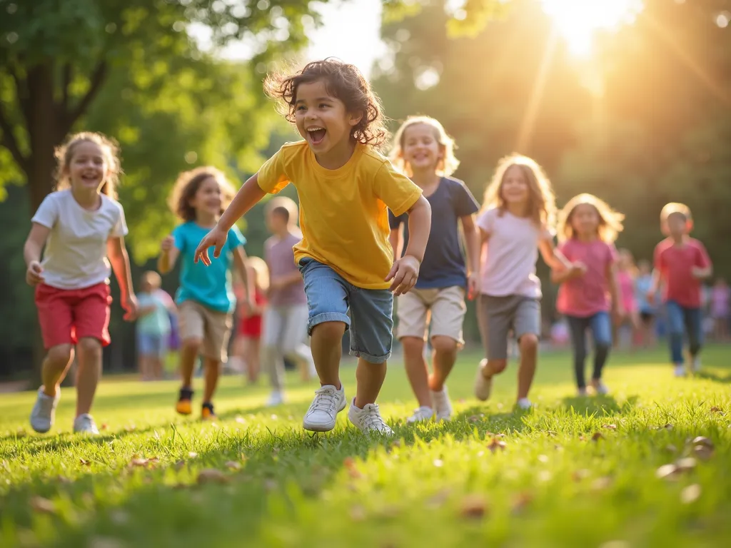 Joyful Playground - A bright, sunny day in a park filled with happy children playing. They are engaging in various activities like swinging, sliding, and playing tag. The children are of diverse backgrounds and are laughing and smiling. The scene captures a beautiful, carefree moment filled with happiness and joy. - AI image generated with Photorealistic 2