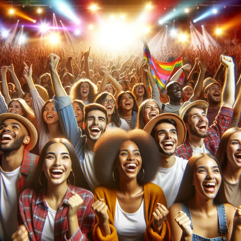 Joyful Stage Celebration - Music and light stage, happy people celebrating and looking at the stage - AI image generated with Art