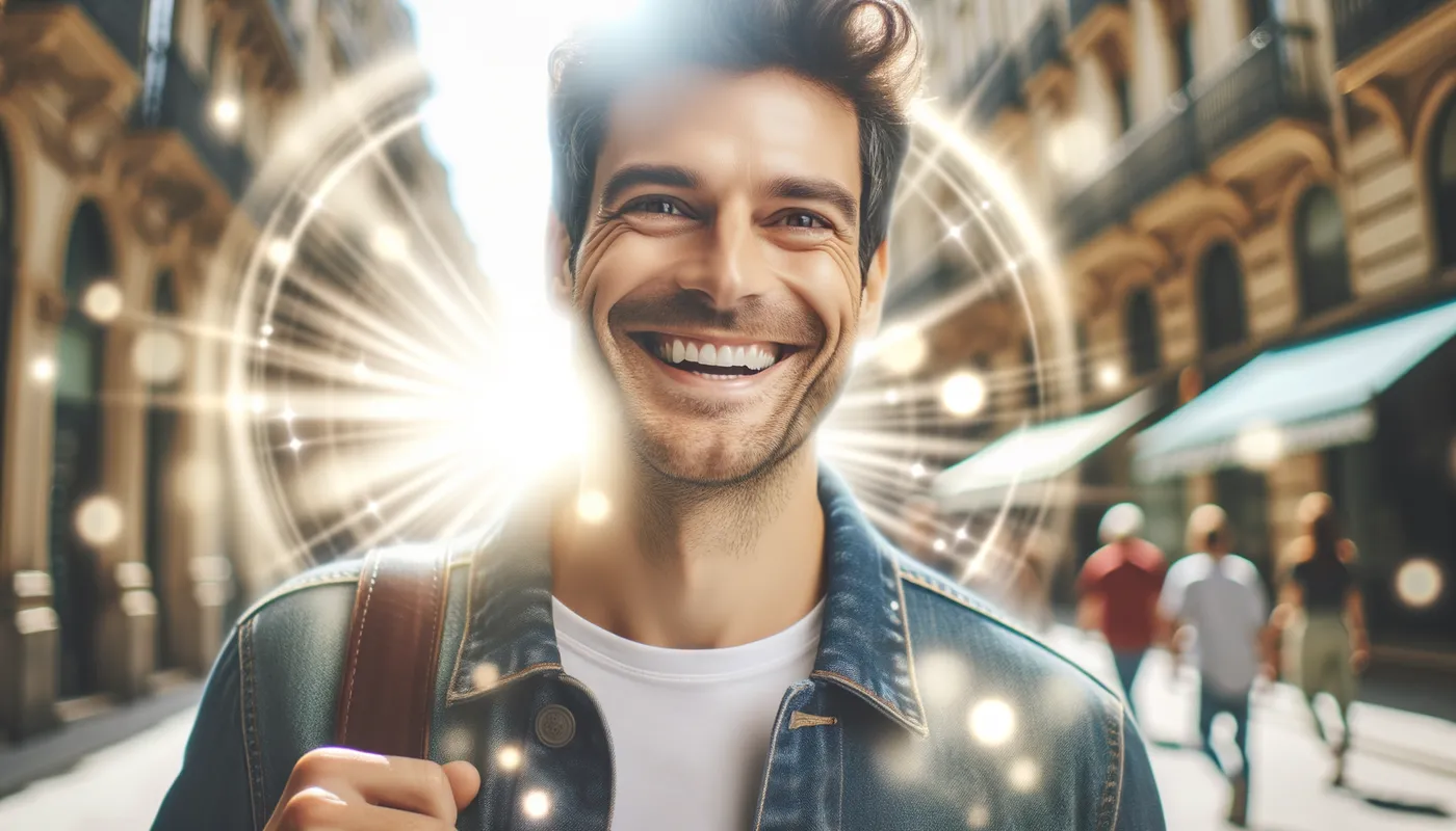 Joyful Stroll - An image of a happy man smiling and walking down the street, surrounded by positive energy and light. - AI image generated with Art