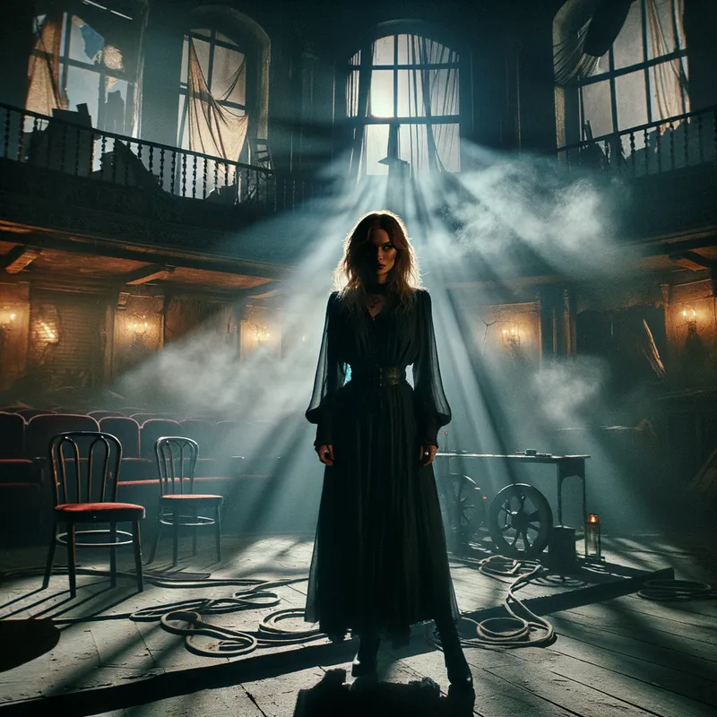Julie Garlan in Haunted Theater Scene - Julie Garlan standing on a dimly lit stage, surrounded by eerie shadows and fog. The background features an old, abandoned theater with cracked walls and broken seats. Her expression is intense, and the atmosphere is filled with suspense and dread. - AI image generated with Art