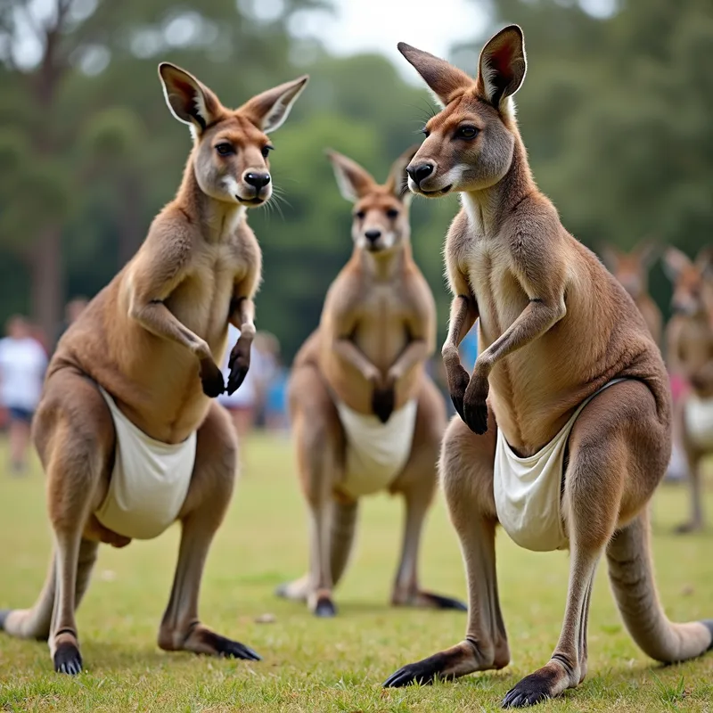 Jumping Champions - A group of muscular kangaroos wearing thick diapers, competing in a longest jumps competition in a vibrant outdoor park. - AI image generated with Photorealistic 2