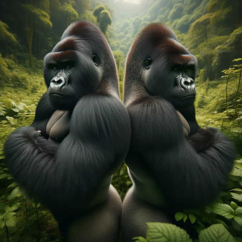 Jungle Guardians - A pair of muscular, diapered gorillas standing back-to-back, looking vigilant and protective in a dense forest setting. - AI image generated with Art