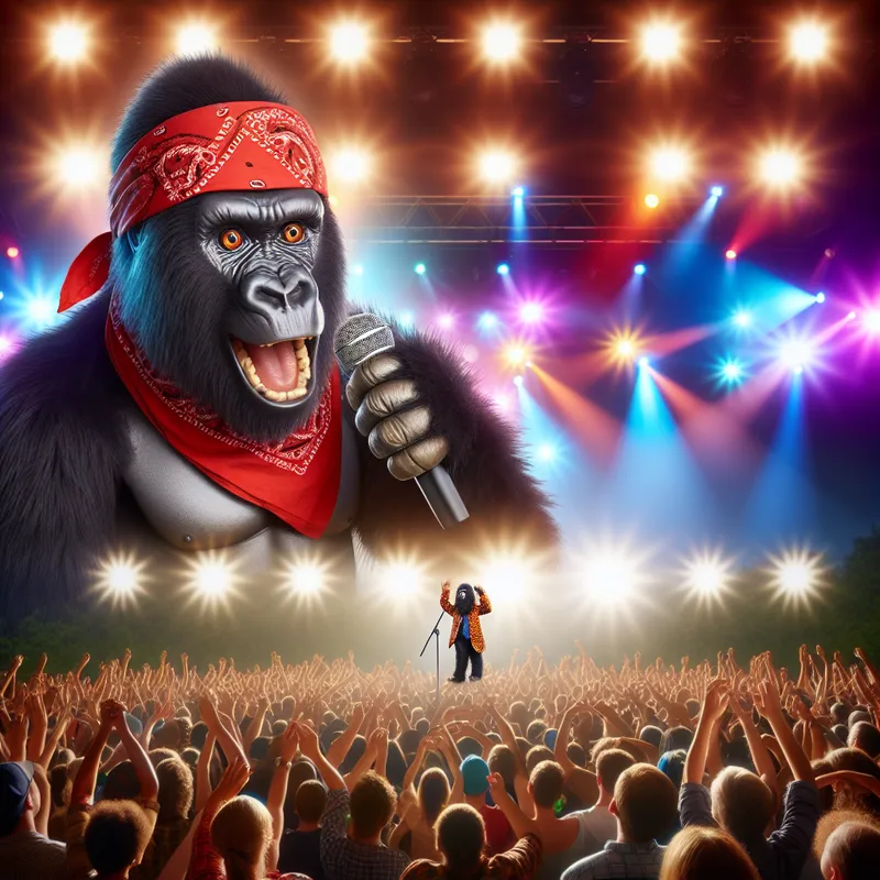 Jungle Jam - A charismatic gorilla with a red bandana, engaging with a massive crowd, spitting out rhymes from a stage under colorful lights and an electric atmosphere. - AI image generated with Art