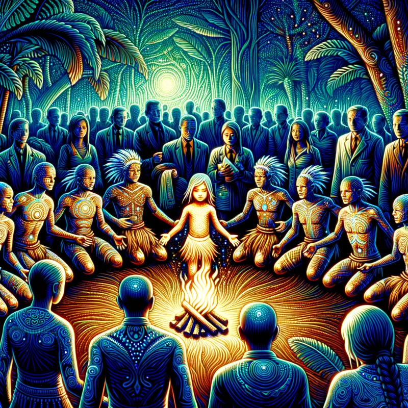 Jungle Visions in Contrast - A dynamic, nighttime tribal ceremony takes place inside a dense, thriving jungle. The tribe, including all ages, celebrates in unison around a central fire. A young girl, illuminated by psychedelic, iridescent patterns of her inner vision, stands out in the middle. Watching from afar are emotionless corporate strangers in formal attire, their figure stark and cold against the vibrant community. - AI image generated with Art - abstract