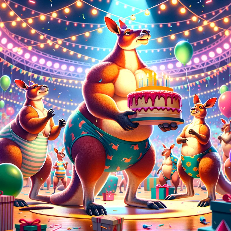 Kangaroo Birthday Extravaganza - An animated scene of muscular kangaroos in oversized, patterned diapers celebrating a birthday. They are playing party games, surrounded by flashing lights, vibrant decorations, and a giant birthday cake being cut. - AI image generated with Art