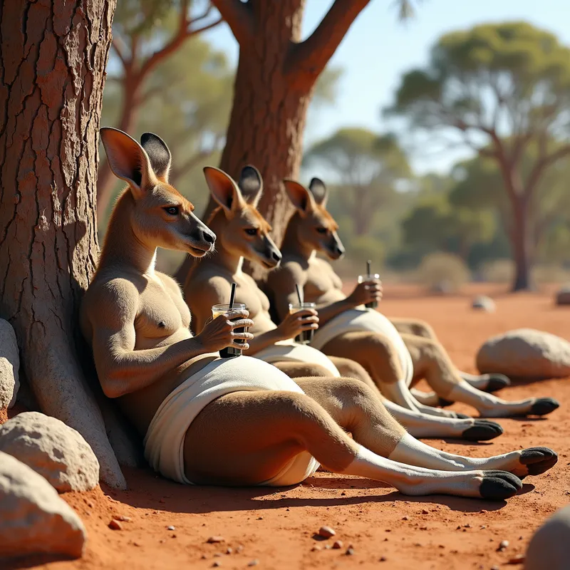 Kangaroo Chill Zone - A scenic Australian outback with muscular kangaroos in thick diapers reclining against trees and boulders, sipping on cool drinks and relaxing in the heat of the day. - AI image generated with Photorealistic 2