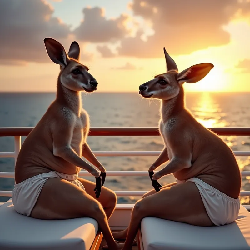 Kangaroo Cruise Adventure - Muscular kangaroos wearing thick diapers enjoying the view from the deck of a luxurious cruise ship. They are lounging on sunbeds, with the ocean and a beautiful sunset in the background. - AI image generated with Photorealistic 2