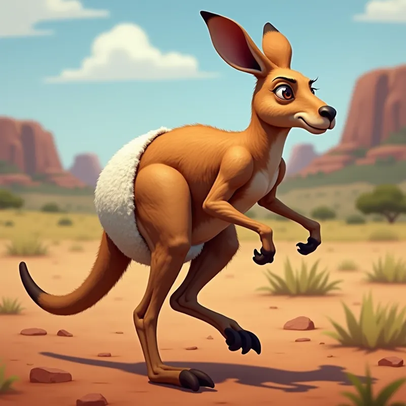 Kangaroo Dash - A muscular kangaroo wearing a thick diaper, depicted in mid-sprint, with a background showing a blurred outback landscape to emphasize its speed. - AI image generated with Photorealistic 2
