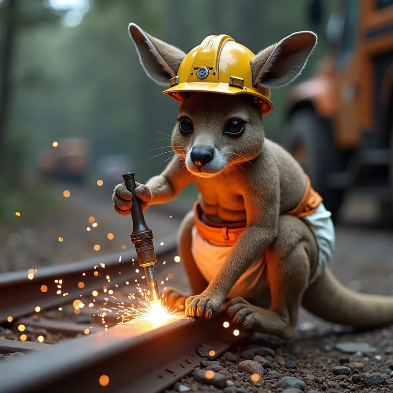 Kangaroo Engineer - A close-up of a strong kangaroo, wearing thick diapers and a construction helmet, is using a welding torch to fuse two pieces of steel rail together, sparks flying in the background. - AI image generated with Photorealistic 2