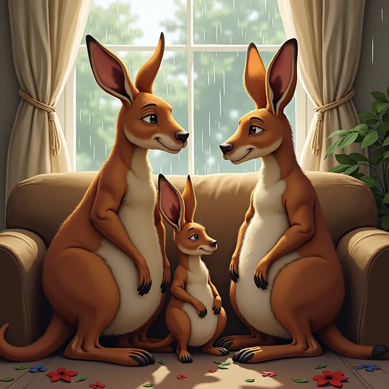 Kangaroo Family Relaxing Indoors - The kangaroo family, with their muscular builds and thick diapers, relaxing in a warm living room while the rain pours outside the window. - AI image generated with Photorealistic 2