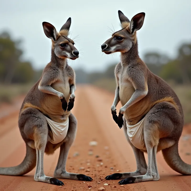 Kangaroo Fitness Duo - A pair of muscular kangaroos wearing thick diapers are braving a cold, very windy day in the outback, showcasing their strength and resilience against the harsh weather. - AI image generated with Photorealistic 2