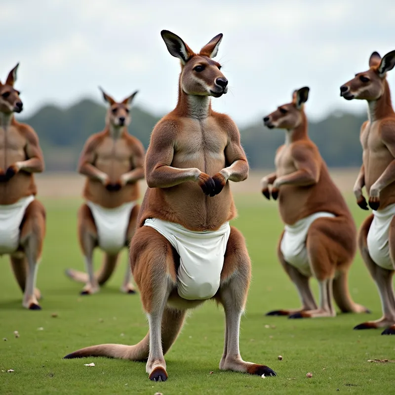Kangaroo Fitness Frenzy - Several muscular kangaroos, all wearing thick diapers, are participating in a fitness challenge, performing various high-energy exercises in a large, open park. - AI image generated with Photorealistic 2