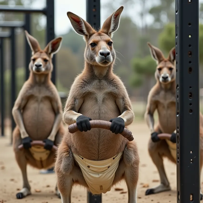 Kangaroo Gym Time - A group of strong, restless kangaroos in thick diapers are using gym equipment in an outdoor gym with intensity and energy. - AI image generated with Photorealistic 2
