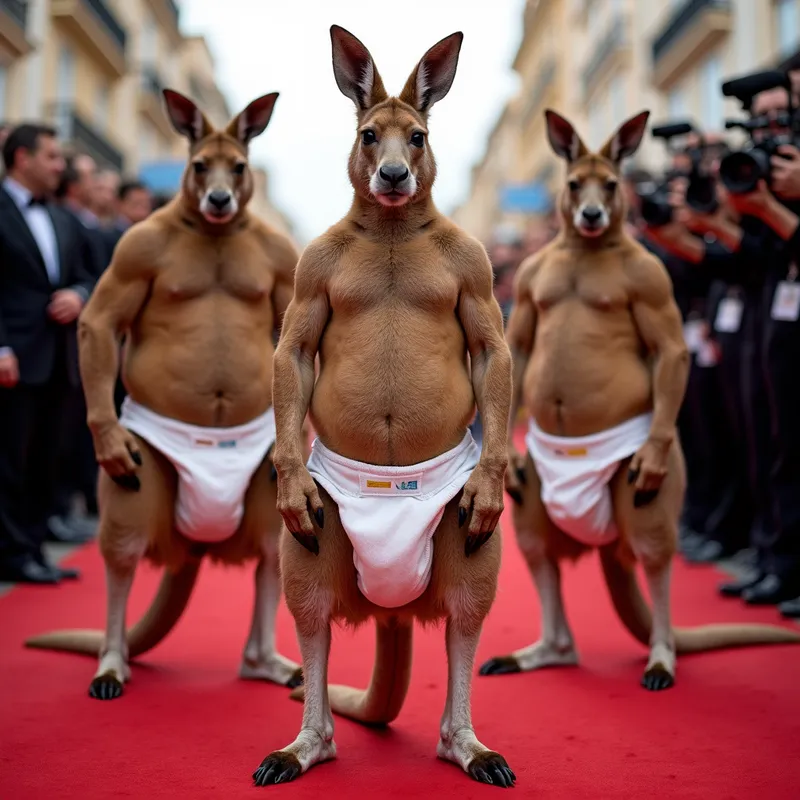 Kangaroo Movie Premiere - A group of buff kangaroos wearing thick diapers, posing on a red carpet at a movie premiere, with flashing cameras, cheering fans, and a glamorous backdrop. - AI image generated with Photorealistic 2