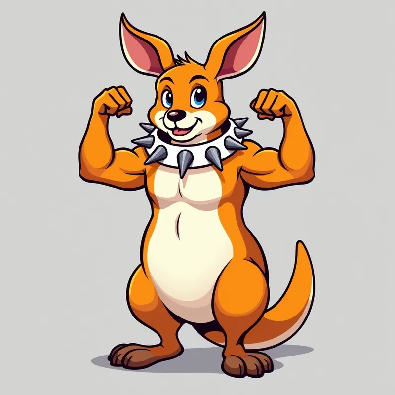 Kangaroo Power - An orange cartoon kangaroo with a white belly, characterized by its muscular arms and legs, stands upright on its hind legs. The kangaroo flexes its biceps, showing off a serious facial expression with a slight smirk. It wears a distinctive white dog collar with enormous silver spikes. The light gray background is clean and simple, making the kangaroo's strength and the collar's edgy design the focal points of the image. - AI image generated with Photorealistic 2