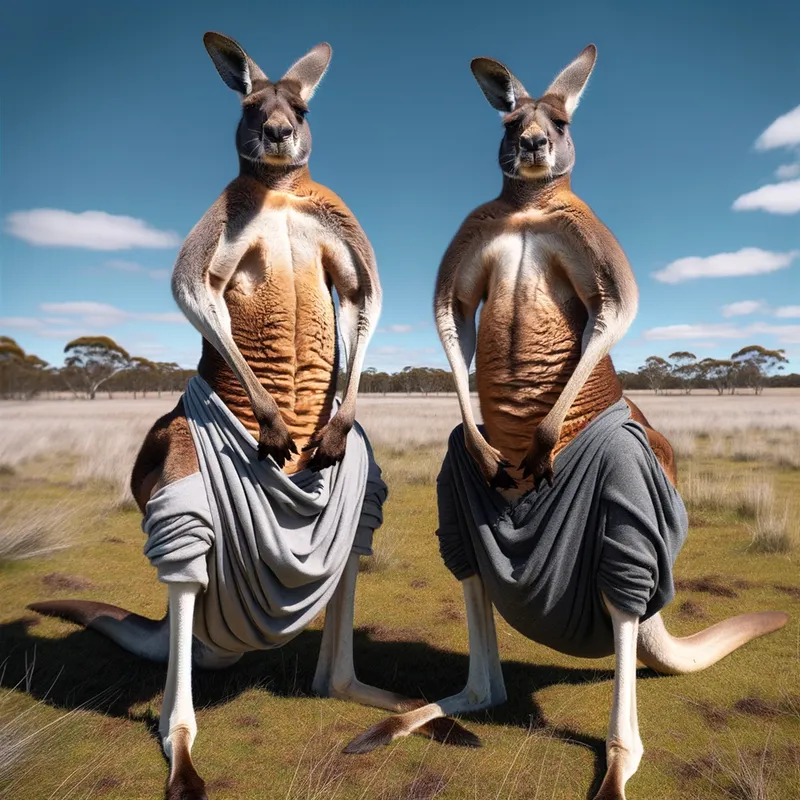 Kangaroo Power Pose - Two muscular kangaroos with defined muscles, wearing thick diapers, posing confidently in a grassy field with a clear blue sky background. - AI image generated with Art