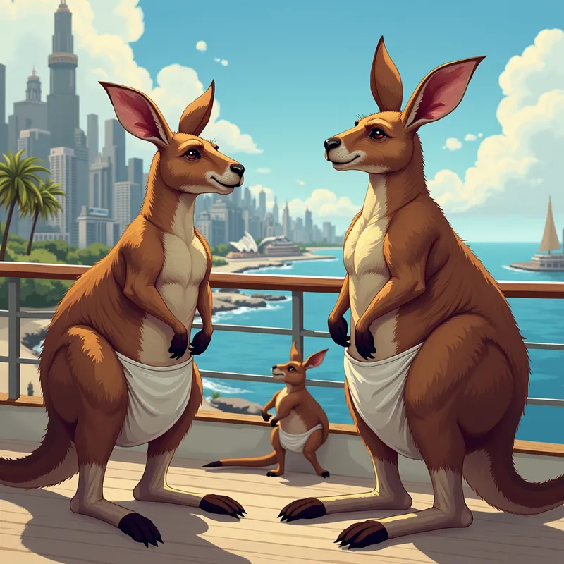 Kangaroo Shore Excursion - Muscular kangaroos in thick diapers taking a shore excursion from their world cruise to visit an exotic city. They are sight-seeing, with landmarks and bustling city life all around them. - AI image generated with Photorealistic 2